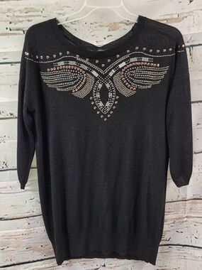 Dorothy Perkins Black Sparkly Embellished Sweater Top Rhinestone Glam Evening